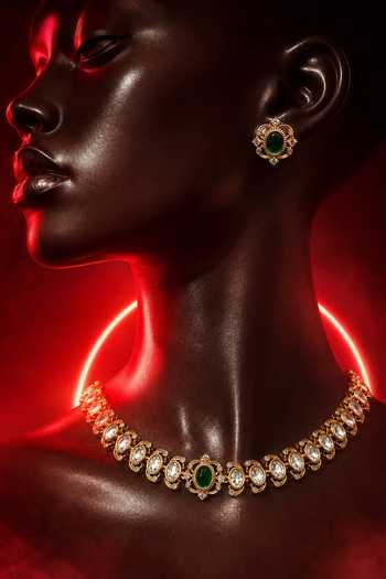 Shop Tussya Gold Plated Kundan Embellished Necklace And Earrings Set Online at Aza Fashions Shop_Tussya_Gold Plated Kundan Embellished Necklace And Earrings Set _Online_at_Aza_Fashions