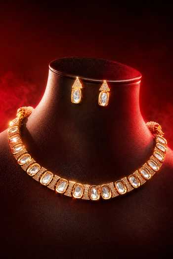 Shop Tussya Gold Plated Kundan And Pearls Embellished Necklace Set Online at Aza Fashions Shop_Tussya_Gold Plated Kundan And Pearls Embellished Necklace Set _Online_at_Aza_Fashions