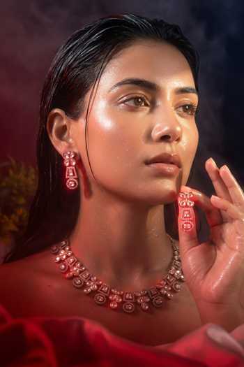 Tussya Silver Plated Floral Crystal Embellished Necklace Set Online at Aza Fashions Tussya_Silver Plated Floral Crystal Embellished Necklace Set _Online_at_Aza_Fashions