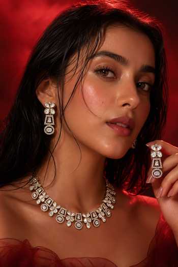 Buy Tussya Silver Plated Floral Crystal Embellished Necklace Set Online at Aza Fashions Buy_Tussya_Silver Plated Floral Crystal Embellished Necklace Set _Online_at_Aza_Fashions