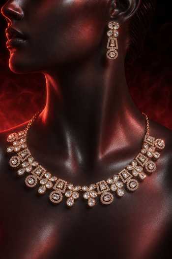Shop Tussya Silver Plated Floral Crystal Embellished Necklace Set Online at Aza Fashions Shop_Tussya_Silver Plated Floral Crystal Embellished Necklace Set _Online_at_Aza_Fashions