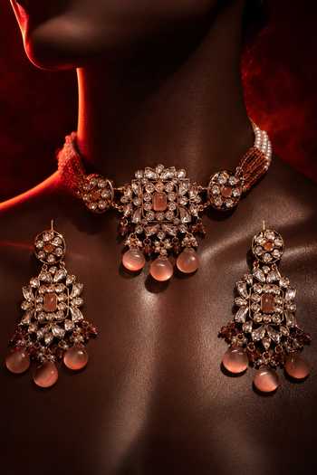 Tussya Gold Plated Kundan Pearl Embellished Necklace Set Online at Aza Fashions Tussya_Gold Plated Kundan Pearl Embellished Necklace Set _Online_at_Aza_Fashions