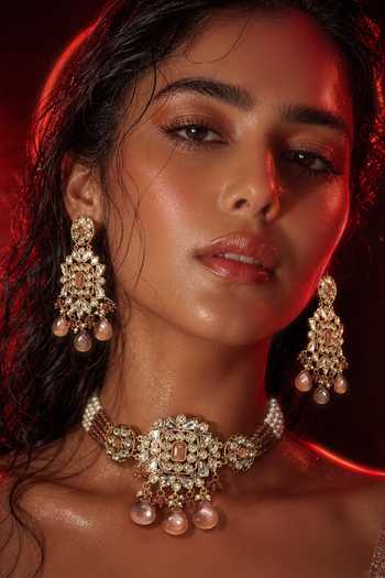 Shop Tussya Gold Plated Kundan Pearl Embellished Necklace Set Online at Aza Fashions Shop_Tussya_Gold Plated Kundan Pearl Embellished Necklace Set _Online_at_Aza_Fashions