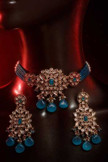 Shop Tussya Gold Plated Kundan Embellished Pendant Choker Set Online at Aza Fashions Shop_Tussya_Gold Plated Kundan Embellished Pendant Choker Set _Online_at_Aza_Fashions