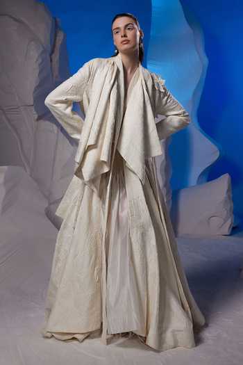 Shop Samant Chauhan Cream Silk, Cotton Shawl Neck Floral Applique Back Jacket Online at Aza Fashions Shop_Samant Chauhan_Cream Silk, Cotton Shawl Neck Floral Applique Back Jacket _Online_at_Aza_Fashions