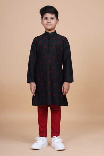 Raghavendra Rathore Blue_Black Silk, Cotton The Pintucked Butti Loop Kurta _Online_at_Aza_Fashions