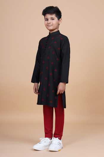 Buy_Raghavendra Rathore Blue_Black Silk, Cotton The Pintucked Butti Loop Kurta _Online_at_Aza_Fashions