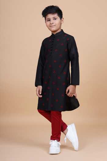 Shop_Raghavendra Rathore Blue_Black Silk, Cotton The Pintucked Butti Loop Kurta _Online_at_Aza_Fashions