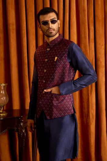 Buy Arihant Rai Sinha Blue Jacquard, Silk Geometric Woven Nehru Jacket And Kurta Set Online at Aza Fashions Buy_Arihant Rai Sinha_Blue Jacquard, Silk Geometric Woven Nehru Jacket And Kurta Set _Online_at_Aza_Fashions
