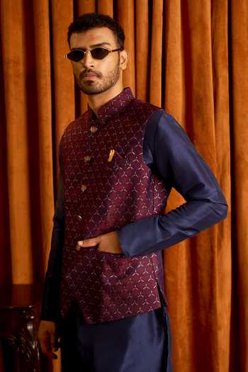 Shop Arihant Rai Sinha Blue Jacquard, Silk Geometric Woven Nehru Jacket And Kurta Set Online at Aza Fashions Shop_Arihant Rai Sinha_Blue Jacquard, Silk Geometric Woven Nehru Jacket And Kurta Set _Online_at_Aza_Fashions