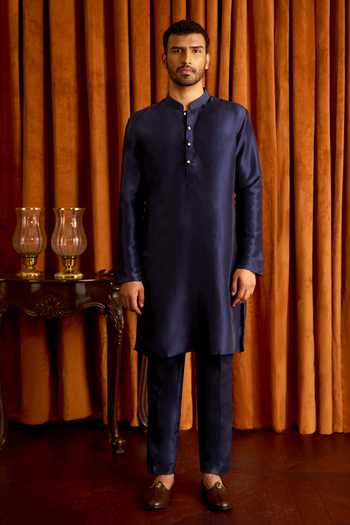 Arihant Rai Sinha Blue Jacquard, Silk Geometric Woven Nehru Jacket And Kurta Set at Aza Fashions Arihant Rai Sinha_Blue Jacquard, Silk Geometric Woven Nehru Jacket And Kurta Set _at_Aza_Fashions
