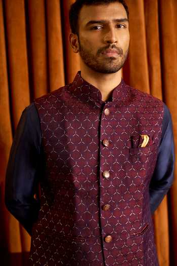 Shop Arihant Rai Sinha Blue Jacquard, Silk Geometric Woven Nehru Jacket And Kurta Set Shop_Arihant Rai Sinha_Blue Jacquard, Silk Geometric Woven Nehru Jacket And Kurta Set
