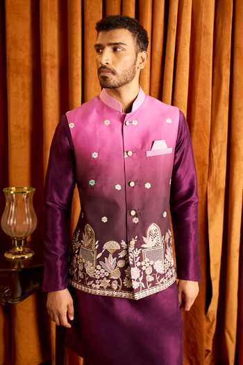Shop Arihant Rai Sinha Purple Silk Embroidered Nehru Jacket And Kurta Set Online at Aza Fashions Shop_Arihant Rai Sinha_Purple Silk Embroidered Nehru Jacket And Kurta Set _Online_at_Aza_Fashions