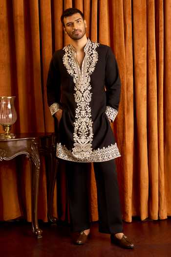 Shop Arihant Rai Sinha Black Silk Placement Embroidered Kurta Set Online at Aza Fashions Shop_Arihant Rai Sinha_Black Silk Placement Embroidered Kurta Set _Online_at_Aza_Fashions