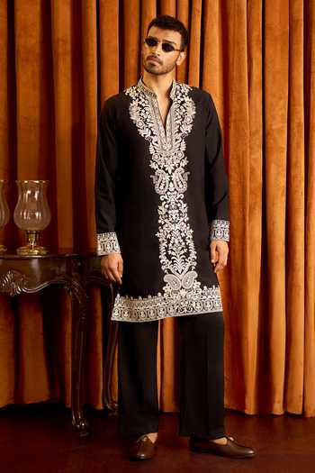 Shop Arihant Rai Sinha Black Silk Placement Embroidered Kurta Set Shop_Arihant Rai Sinha_Black Silk Placement Embroidered Kurta Set