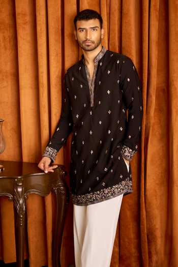 Shop Arihant Rai Sinha Black Silk Embroidered Kurta And Pant Set Online at Aza Fashions Shop_Arihant Rai Sinha_Black Silk Embroidered Kurta And Pant Set _Online_at_Aza_Fashions