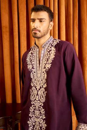Shop Arihant Rai Sinha Purple Silk Floral Placket Embroidered Kurta Set Online at Aza Fashions Shop_Arihant Rai Sinha_Purple Silk Floral Placket Embroidered Kurta Set _Online_at_Aza_Fashions