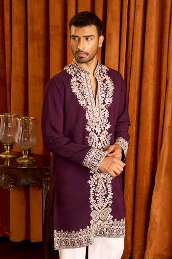 Arihant Rai Sinha Purple Silk Floral Placket Embroidered Kurta Set at Aza Fashions Arihant Rai Sinha_Purple Silk Floral Placket Embroidered Kurta Set _at_Aza_Fashions