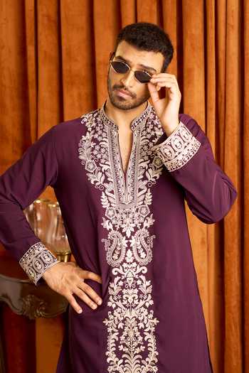 Shop Arihant Rai Sinha Purple Silk Floral Placket Embroidered Kurta Set Shop_Arihant Rai Sinha_Purple Silk Floral Placket Embroidered Kurta Set