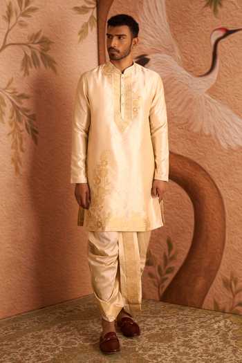 Arihant Rai Sinha Cream Silk, Jacquard Floral Woven Kurta Set at Aza Fashions Arihant Rai Sinha_Cream Silk, Jacquard Floral Woven Kurta Set _at_Aza_Fashions