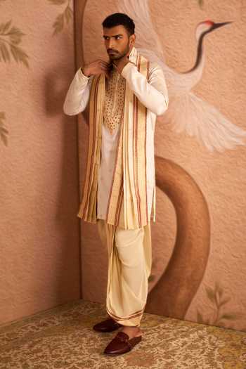 Shop Arihant Rai Sinha Beige Silk, Jacquard Floral Placement Embroidered Kurta Set Online at Aza Fashions Shop_Arihant Rai Sinha_Beige Silk, Jacquard Floral Placement Embroidered Kurta Set _Online_at_Aza_Fashions