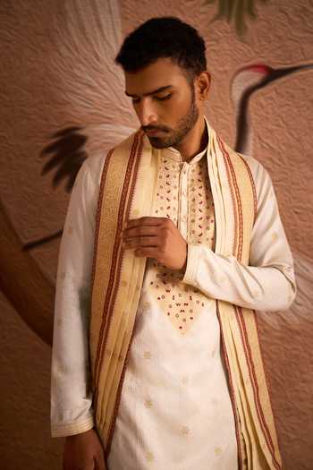 Arihant Rai Sinha Beige Silk, Jacquard Floral Placement Embroidered Kurta Set at Aza Fashions Arihant Rai Sinha_Beige Silk, Jacquard Floral Placement Embroidered Kurta Set _at_Aza_Fashions