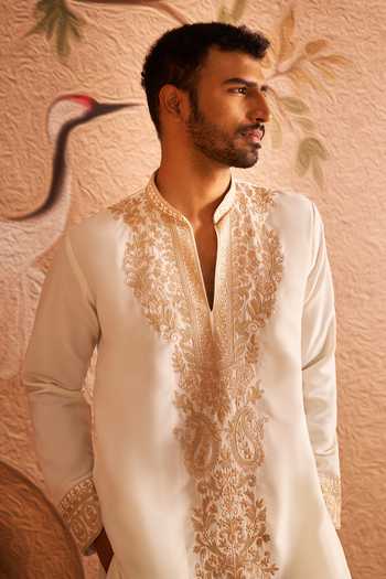 Shop Arihant Rai Sinha Off White Silk Placket Embroidered Kurta Set Shop_Arihant Rai Sinha_Off White Silk Placket Embroidered Kurta Set