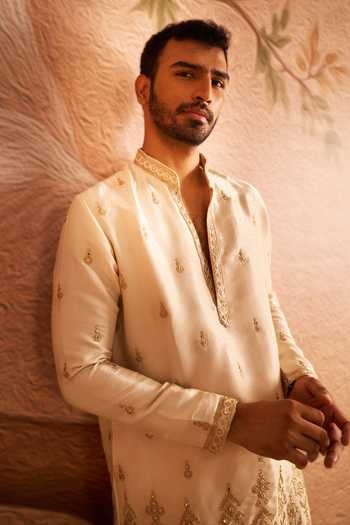 Shop_Arihant Rai Sinha_Gold Silk Sequin Embroidered Kurta Set _Online_at_Aza_Fashions