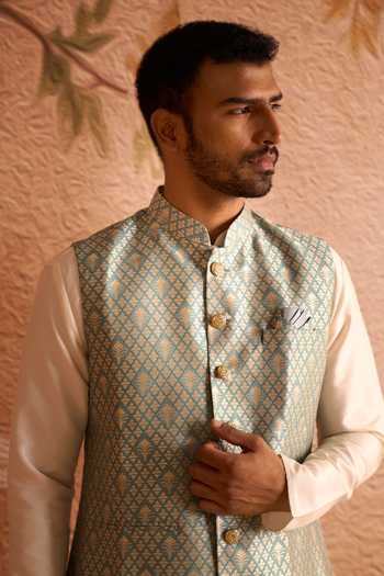 Shop Arihant Rai Sinha Cream Silk, Brocade Woven Nehru Jacket Set Online at Aza Fashions Shop_Arihant Rai Sinha_Cream Silk, Brocade Woven Nehru Jacket Set _Online_at_Aza_Fashions