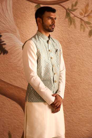 Arihant Rai Sinha Cream Silk, Brocade Woven Nehru Jacket Set at Aza Fashions Arihant Rai Sinha_Cream Silk, Brocade Woven Nehru Jacket Set _at_Aza_Fashions