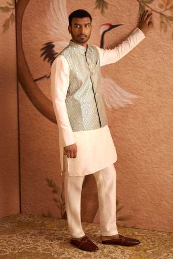 Shop Arihant Rai Sinha Cream Silk, Brocade Woven Nehru Jacket Set Shop_Arihant Rai Sinha_Cream Silk, Brocade Woven Nehru Jacket Set