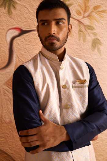 Shop_Arihant Rai Sinha_Blue Silk Embroidered Nehru Jacket Set _Online_at_Aza_Fashions