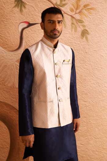 Shop_Arihant Rai Sinha_Blue Silk Embroidered Nehru Jacket Set 