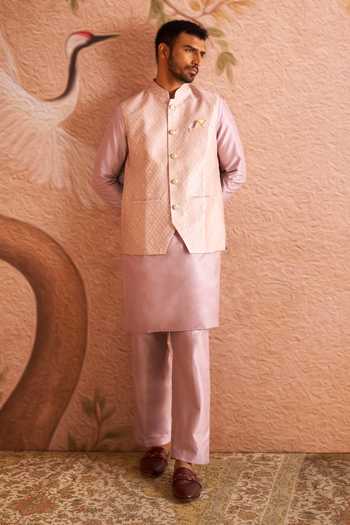 Shop Arihant Rai Sinha Pink Silk, Brocade Woven Nehru Jacket And Kurta Set Online at Aza Fashions Shop_Arihant Rai Sinha_Pink Silk, Brocade Woven Nehru Jacket And Kurta Set _Online_at_Aza_Fashions