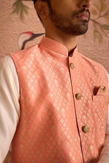Shop Arihant Rai Sinha Cream Silk, Brocade Geometric Pattern Nehru Jacket Set Online at Aza Fashions Shop_Arihant Rai Sinha_Cream Silk, Brocade Geometric Pattern Nehru Jacket Set _Online_at_Aza_Fashions