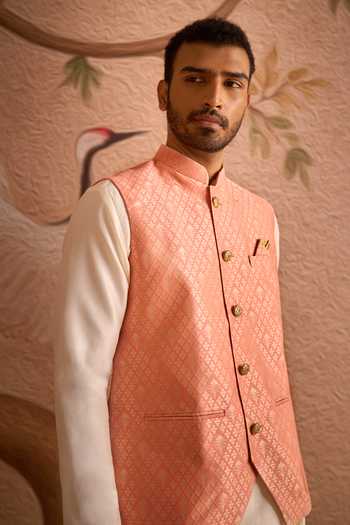 Arihant Rai Sinha Cream Silk, Brocade Geometric Pattern Nehru Jacket Set at Aza Fashions Arihant Rai Sinha_Cream Silk, Brocade Geometric Pattern Nehru Jacket Set _at_Aza_Fashions