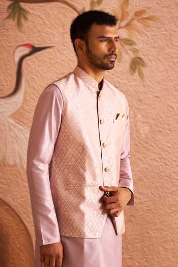 Shop Arihant Rai Sinha Pink Silk, Brocade Woven Nehru Jacket And Kurta Set Shop_Arihant Rai Sinha_Pink Silk, Brocade Woven Nehru Jacket And Kurta Set