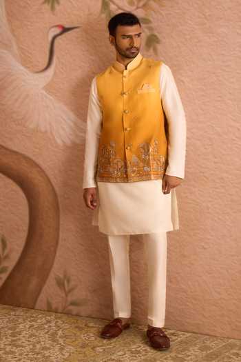 Buy_Arihant Rai Sinha_Cream Silk Thread Work Nehru Jacket And Kurta Set _Online_at_Aza_Fashions