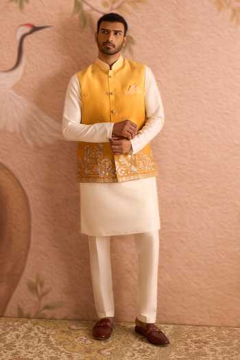 Shop_Arihant Rai Sinha_Cream Silk Thread Work Nehru Jacket And Kurta Set _Online_at_Aza_Fashions