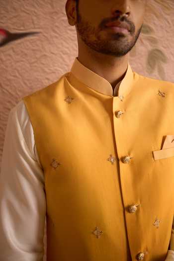 Shop_Arihant Rai Sinha_Cream Silk Thread Work Nehru Jacket And Kurta Set 