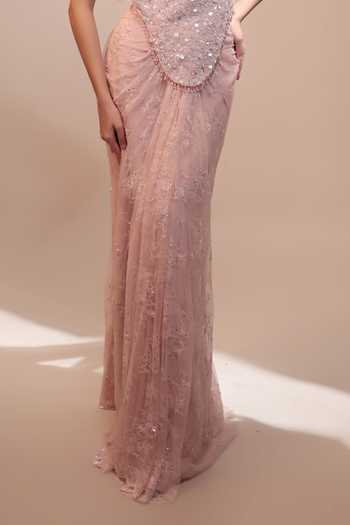 Couture By Niharika Pink Crepe, Viscose Embroidery, Sequins Roseline Corset And Draped Skirt Set Online at Aza Fashions Couture By Niharika_Pink Crepe, Viscose Embroidery, Sequins Roseline Corset And Draped Skirt Set _Online_at_Aza_Fashions