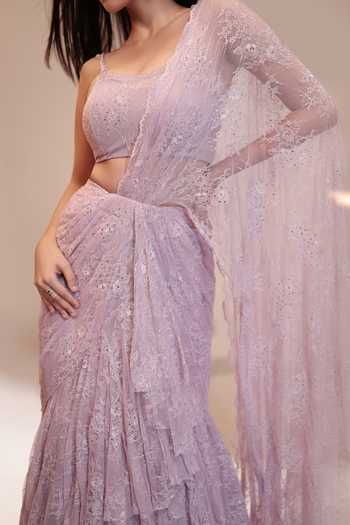 Couture By Niharika Purple Net Sweetheart Neck Lavelle Pre-draped Saree With Blouse at Aza Fashions Couture By Niharika_Purple Net Sweetheart Neck Lavelle Pre-draped Saree With Blouse _at_Aza_Fashions