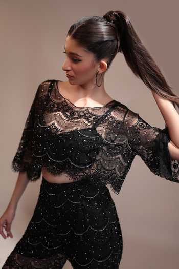 Couture By Niharika Black Organza, Satin, Net Round Neck, Square Noirelle Embroidered Top And Pant Set Online at Aza Fashions Couture By Niharika_Black Organza, Satin, Net Round Neck, Square Noirelle Embroidered Top And Pant Set _Online_at_Aza_Fashions