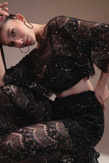 Buy Couture By Niharika Black Organza, Satin, Net Round Neck, Square Noirelle Embroidered Top And Pant Set Online at Aza Fashions Buy_Couture By Niharika_Black Organza, Satin, Net Round Neck, Square Noirelle Embroidered Top And Pant Set _Online_at_Aza_Fashions