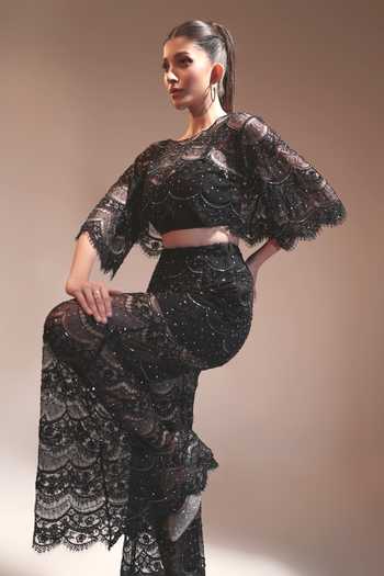 Shop Couture By Niharika Black Organza, Satin, Net Round Neck, Square Noirelle Embroidered Top And Pant Set Online at Aza Fashions Shop_Couture By Niharika_Black Organza, Satin, Net Round Neck, Square Noirelle Embroidered Top And Pant Set _Online_at_Aza_Fashions