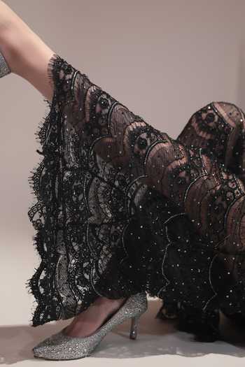 Couture By Niharika Black Organza, Satin, Net Round Neck, Square Noirelle Embroidered Top And Pant Set at Aza Fashions Couture By Niharika_Black Organza, Satin, Net Round Neck, Square Noirelle Embroidered Top And Pant Set _at_Aza_Fashions