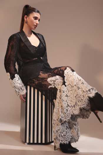 Couture By Niharika Black Organza, Crepe, Net, Lace Open Neck, Reine Embroidered Jacket And Pant Set at Aza Fashions Couture By Niharika_Black Organza, Crepe, Net, Lace Open Neck, Reine Embroidered Jacket And Pant Set _at_Aza_Fashions