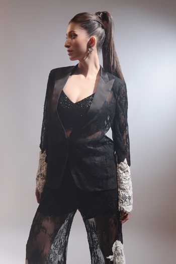 Buy Couture By Niharika Black Organza, Crepe, Net, Lace Open Neck, Reine Embroidered Jacket And Pant Set Buy_Couture By Niharika_Black Organza, Crepe, Net, Lace Open Neck, Reine Embroidered Jacket And Pant Set