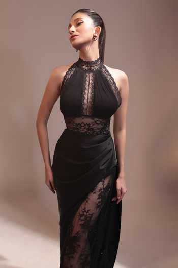 Buy Couture By Niharika Black Crepe, Satin, Net, Chiffon, Lace Halter Ombrelle Blouse With Draped Skirt Online at Aza Fashions Buy_Couture By Niharika_Black Crepe, Satin, Net, Chiffon, Lace Halter Ombrelle Blouse With Draped Skirt _Online_at_Aza_Fashions