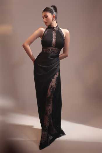 Shop Couture By Niharika Black Crepe, Satin, Net, Chiffon, Lace Halter Ombrelle Blouse With Draped Skirt Online at Aza Fashions Shop_Couture By Niharika_Black Crepe, Satin, Net, Chiffon, Lace Halter Ombrelle Blouse With Draped Skirt _Online_at_Aza_Fashions